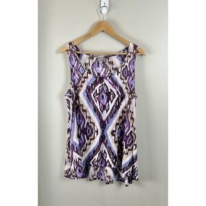 J Jill Women's Sz M Linen Tank Top Stretch  Purple Brown Geo Print Scoop Knit‎